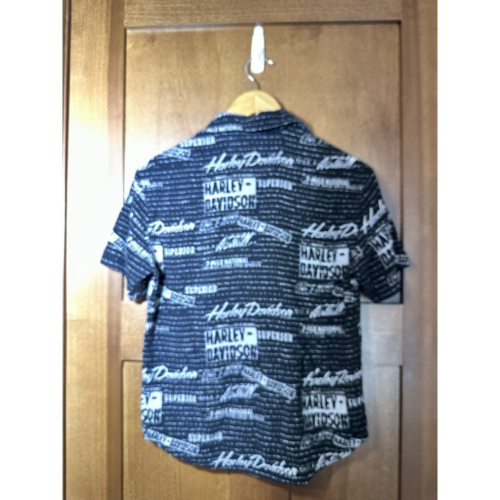 Harley Davidson Womens Medium Button Front Rayon Shirt Logo Print Black M Y2K - Picture 2 of 4